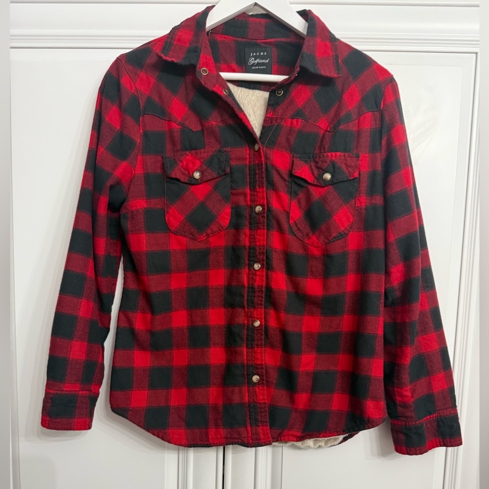 JACHS Girlfriend Small Shacket Red/Black Check Long Sleeve Shirt Faux Fur Lined